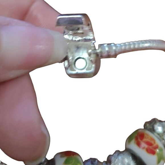 Vintage Silver Tone Slide Charm Bracelet Hand Painted Floral & Sparkle Beads  7" - Picture 4 of 6